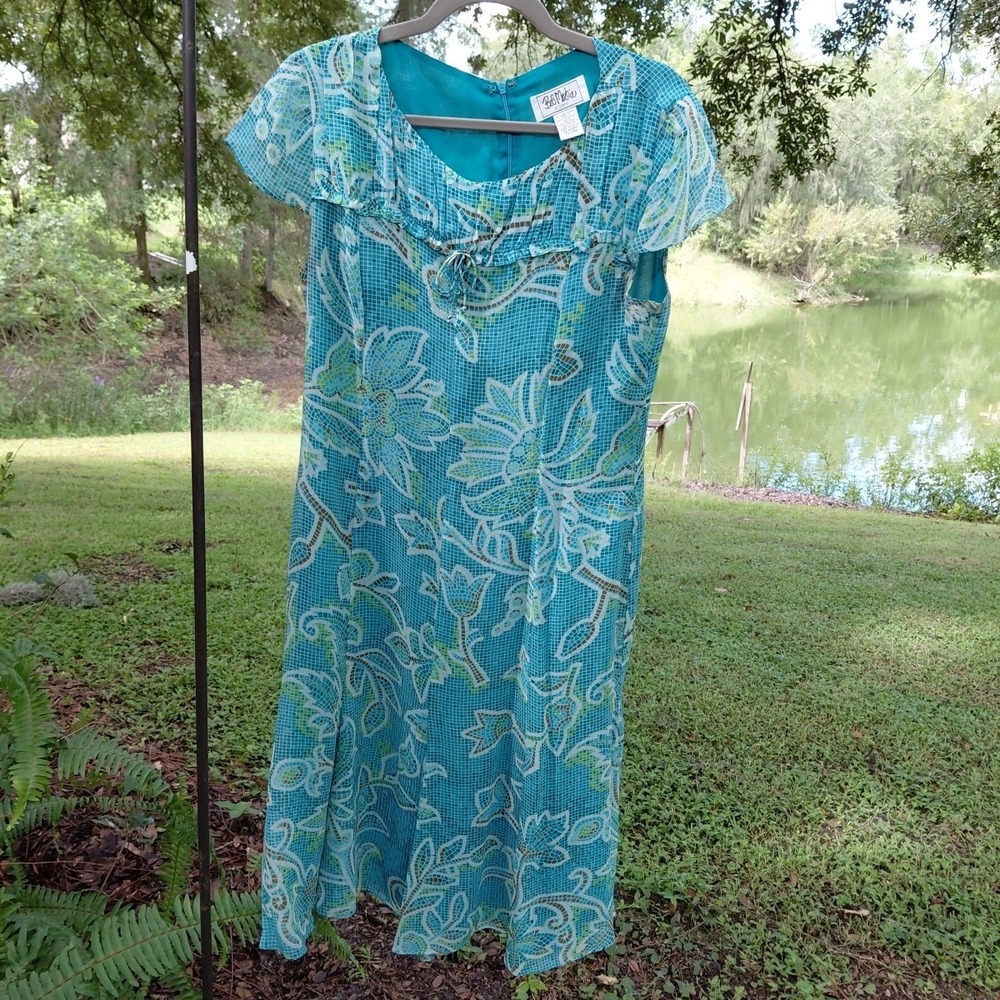 Vintage Bob Mackie Size 12 Dress Midi Cap Sleeve 100% Silk Floral Wearable Art